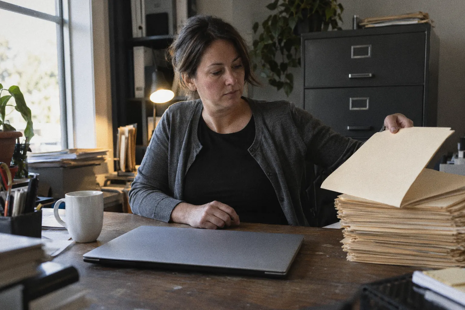 An office manager at a small business sorts paper invoices at a desk late in the afternoon.