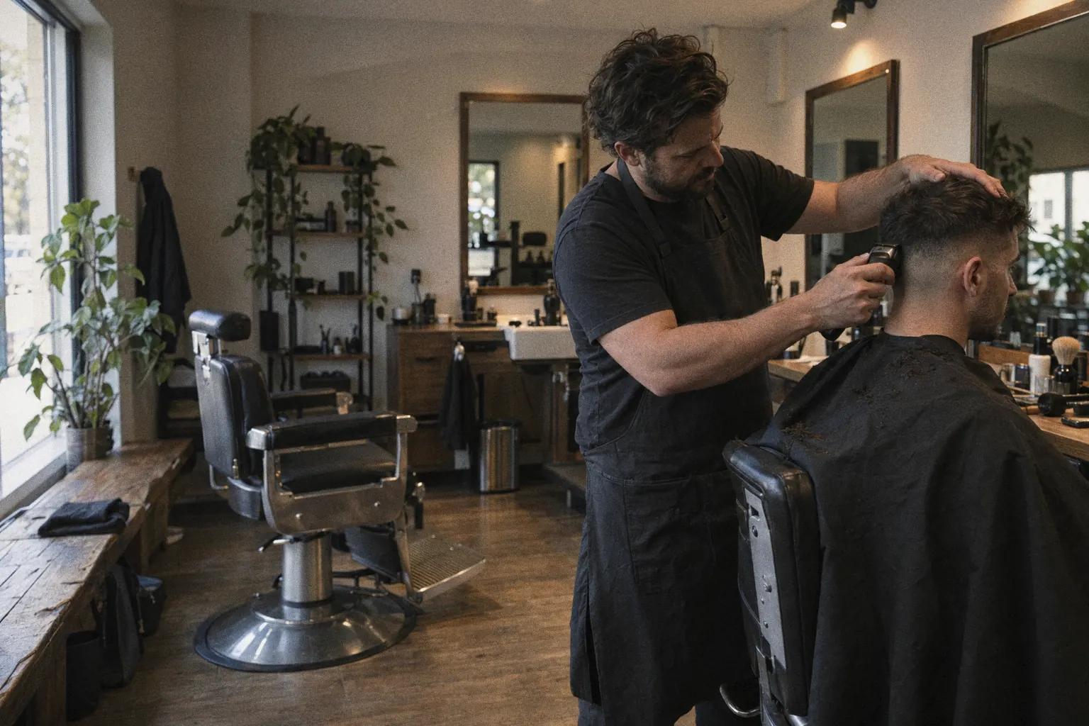 A barber finishes a fade with clippers in a small barbershop. An empty chair and a window are on the left.
