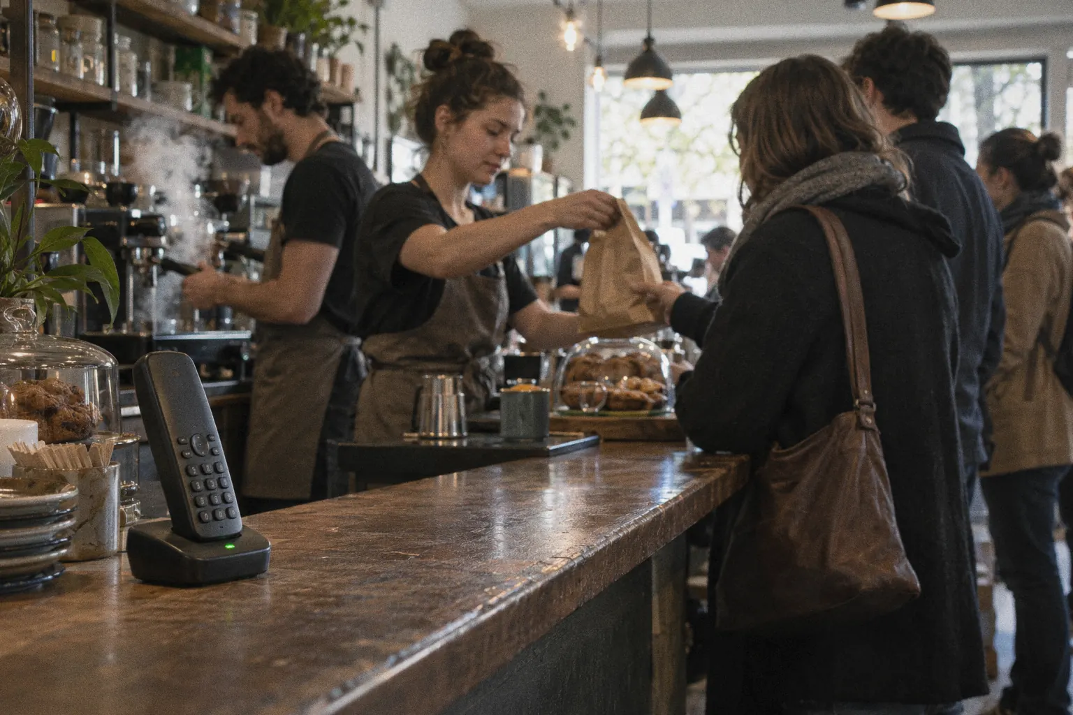 A busy café counter at lunchtime. The phone on the counter rings while both staff serve customers.