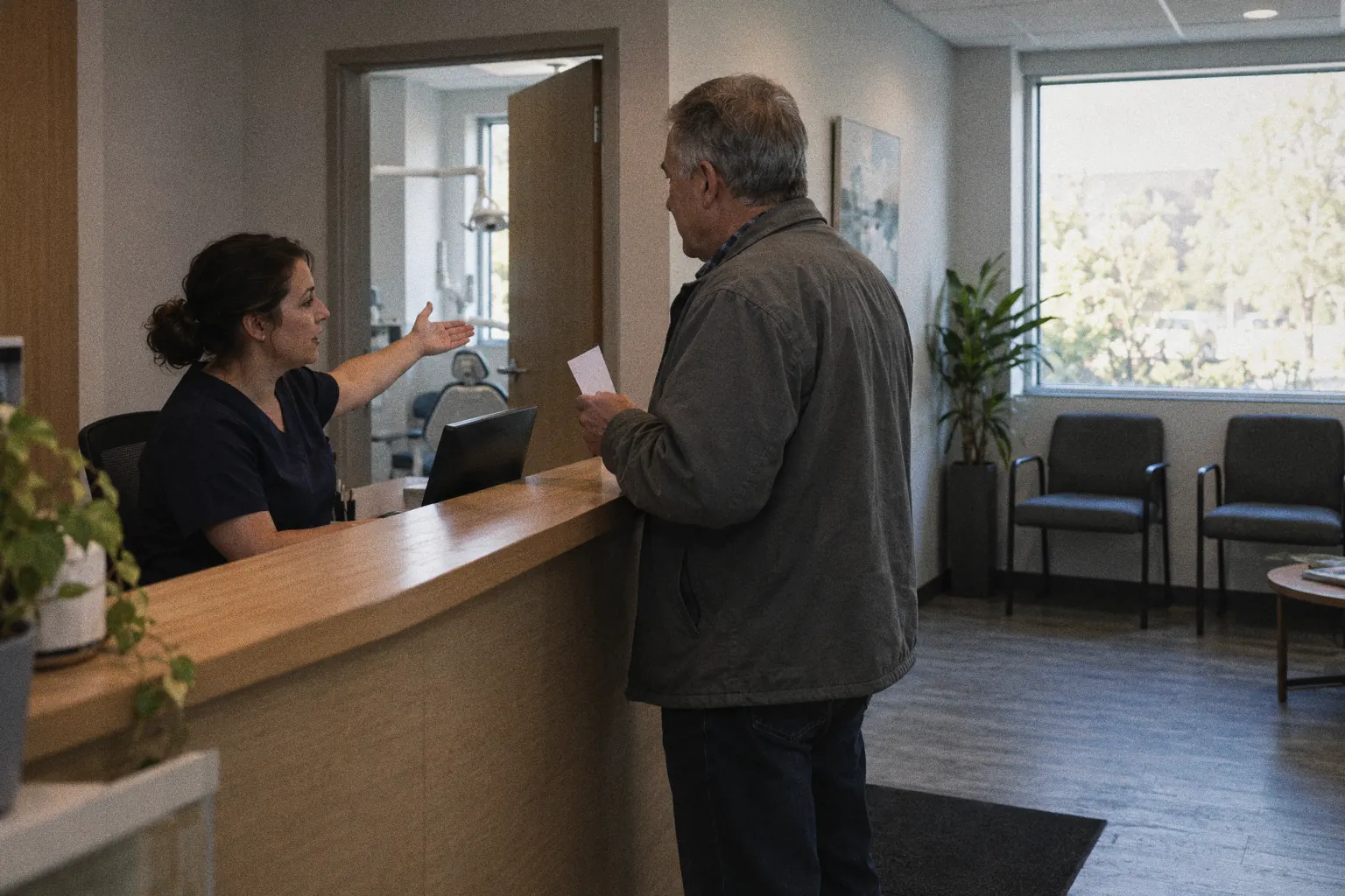 A receptionist at a small dental clinic points a patient toward the treatment room.