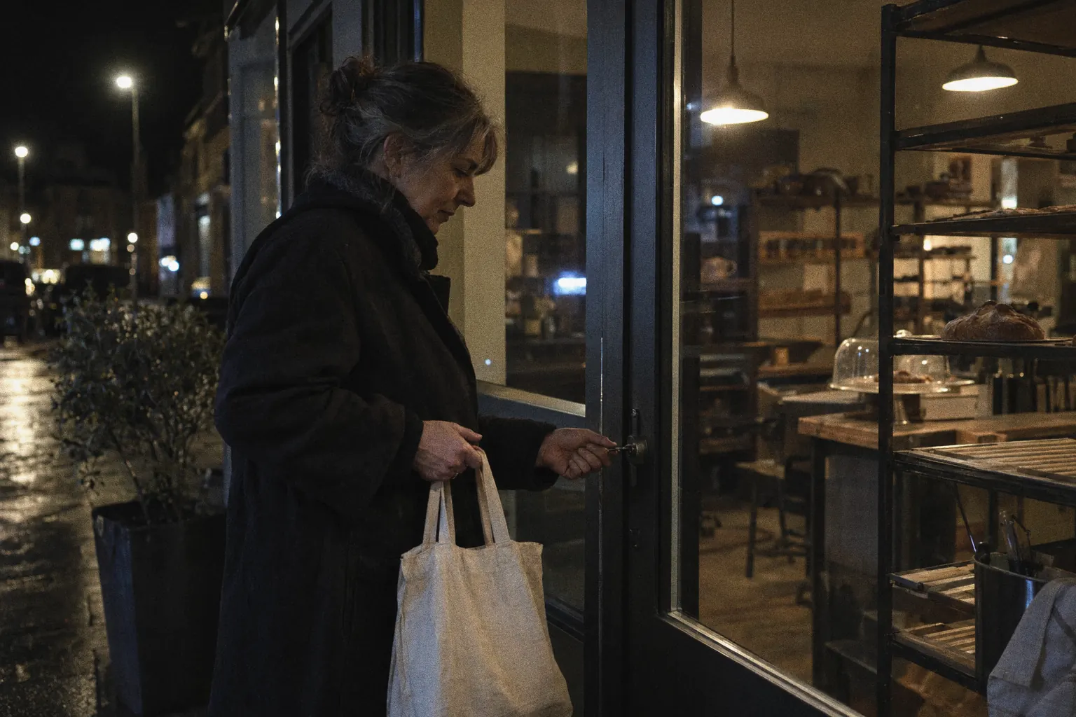 A bakery owner locks the shop door at night, street lights on.