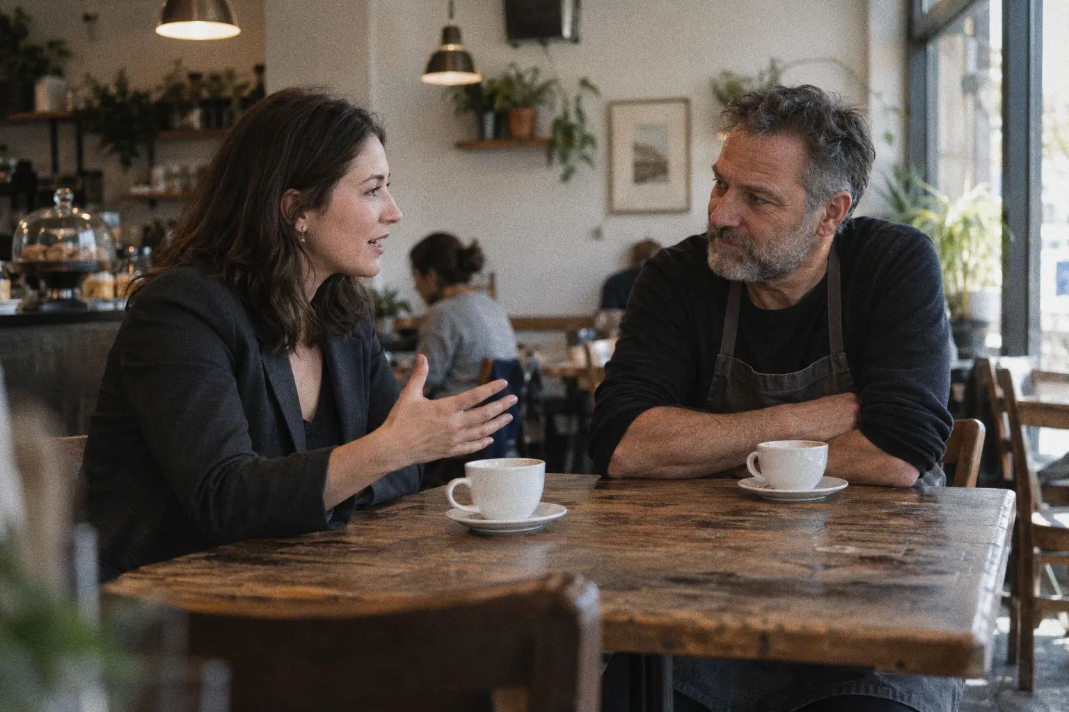 A business owner and a consultant talk across a café table with a closed notebook between them.