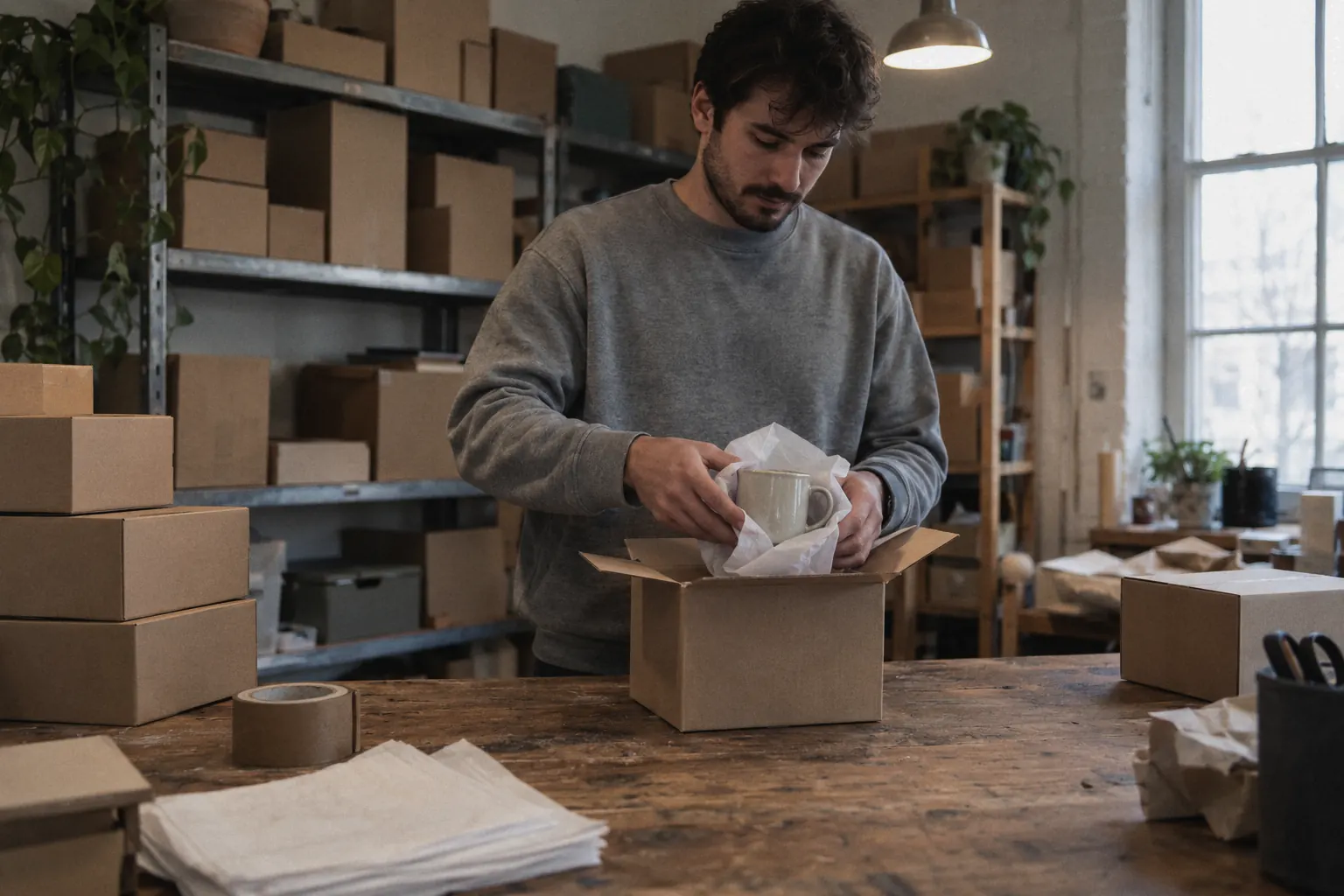A small online store owner wraps a mug in tissue at a packing bench.