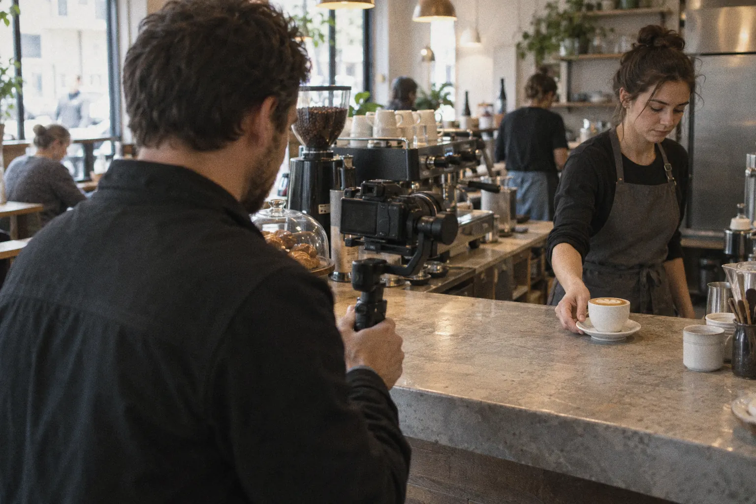 A videographer films a barista with a small camera on a gimbal in a café.