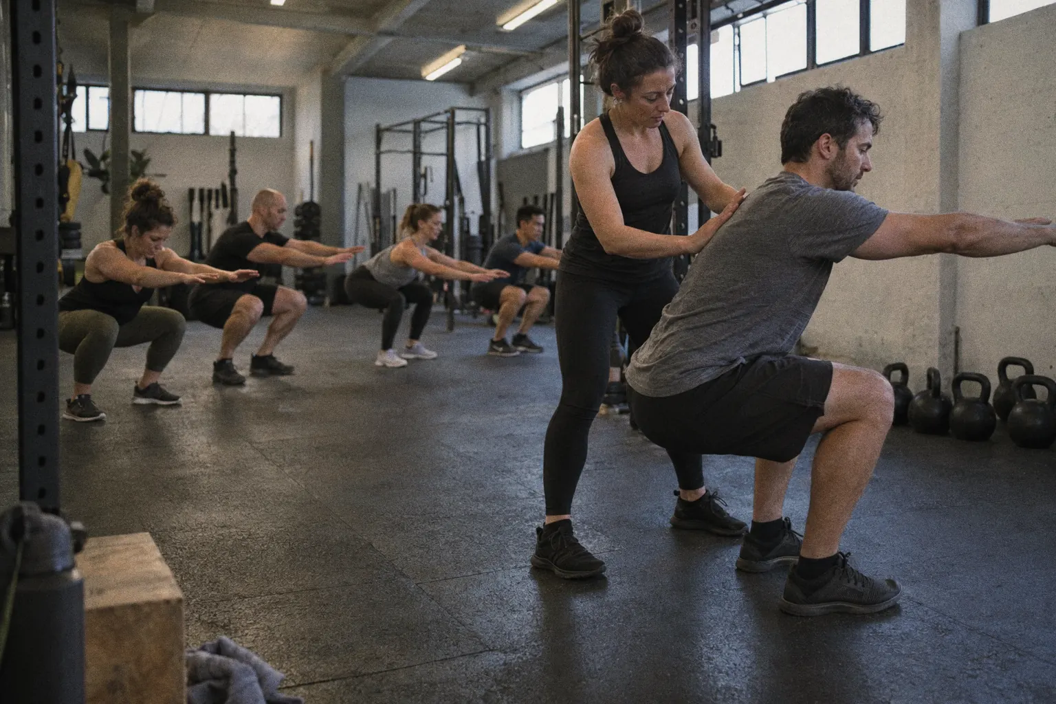 A coach corrects a client’s squat during a small group class in a fitness studio.