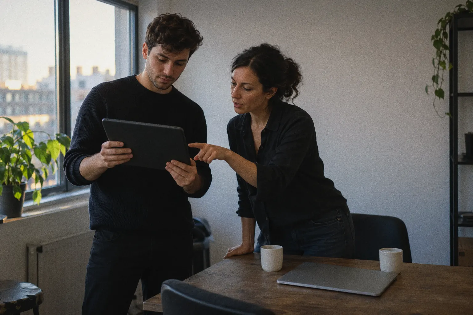 Two founders look over an app prototype on a tablet in a small office.