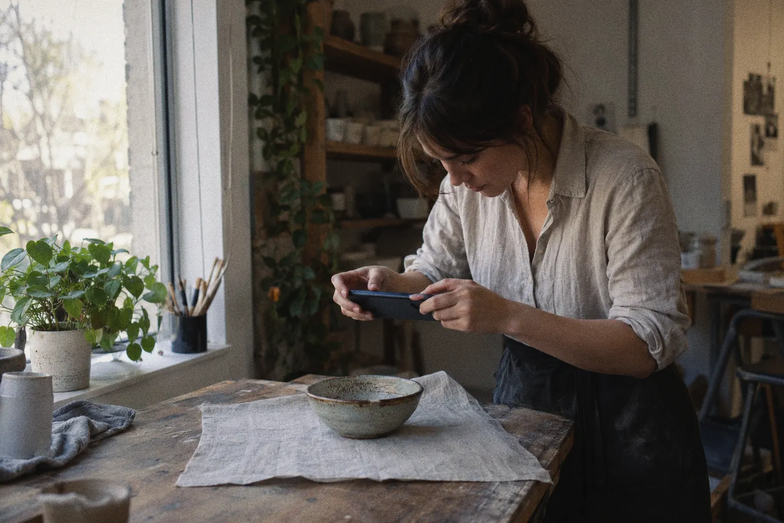 A small brand owner photographs a product on a table by a window with a phone.