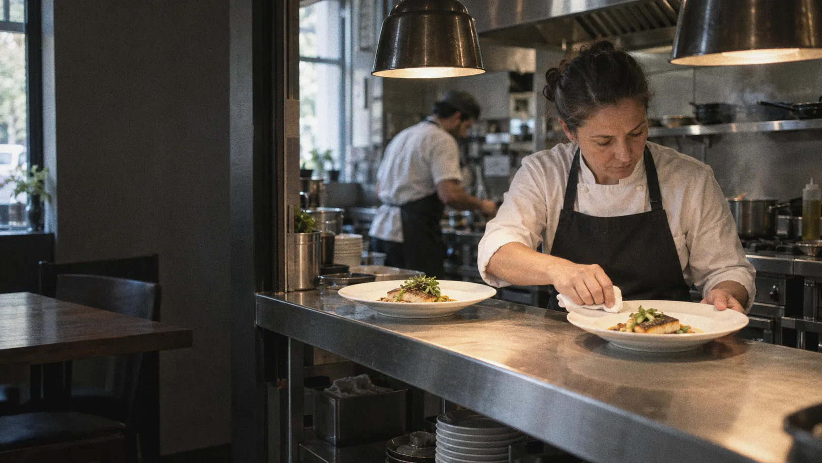 A chef checks a plate at the kitchen pass of a small restaurant during lunch service.