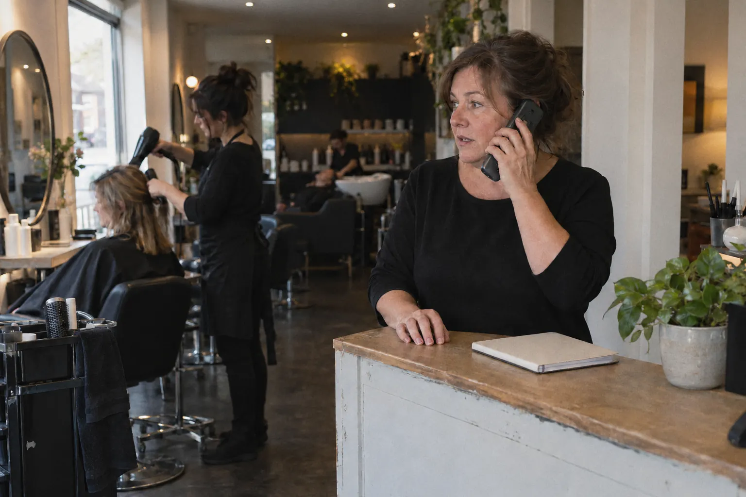 A salon owner talks on the phone at the front desk while a stylist blow-dries a client behind her.