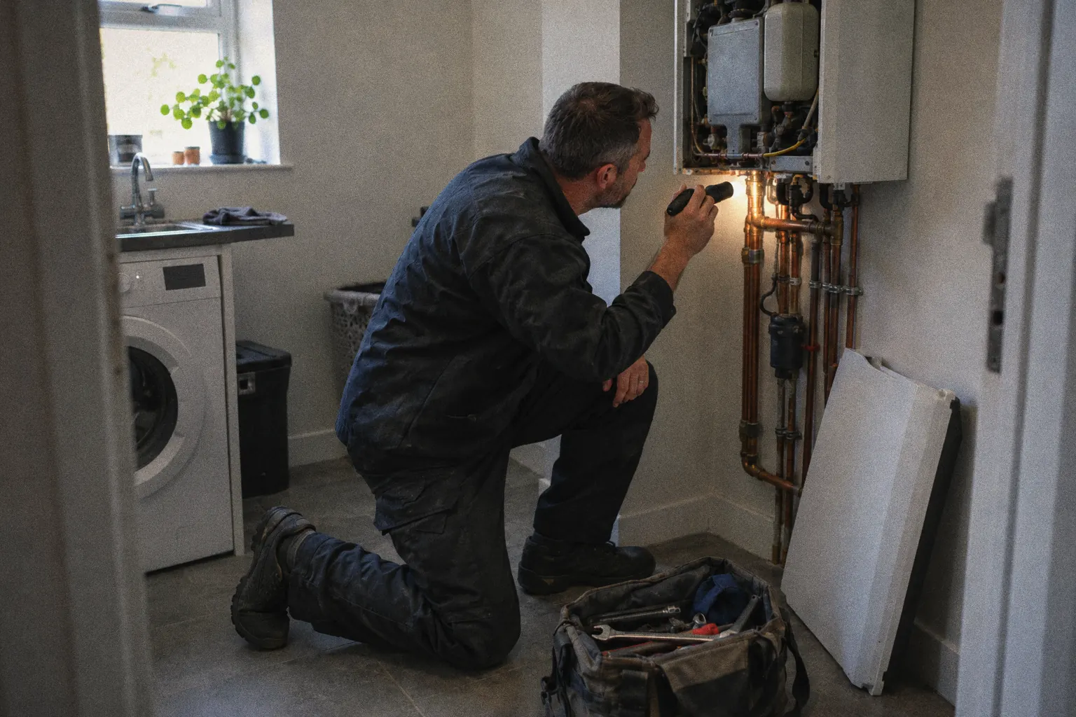 A heating engineer kneels with a flashlight under a boiler in a customer’s utility room.